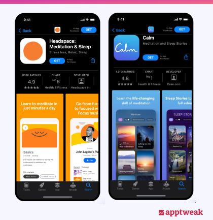 Comparing the app pages of two meditation apps in Dark Mode with AppTweak's App Page Previewer